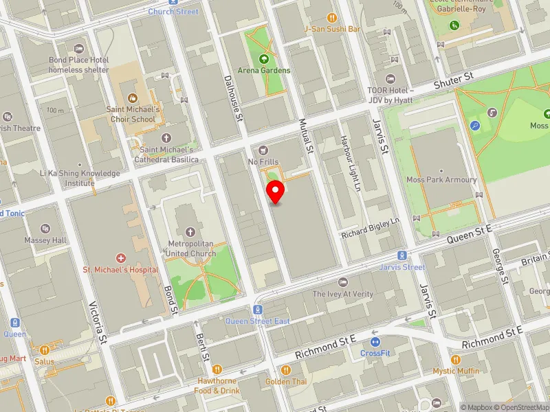 RentSafeTO apartment evaluation map view of 25 DALHOUSIE ST in Toronto Centre, Toronto