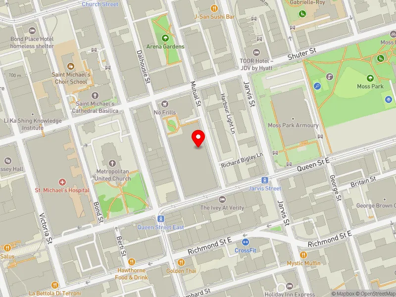 RentSafeTO apartment evaluation map view of 30 MUTUAL ST in Toronto Centre, Toronto